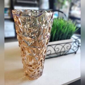 Vintage Mid-Century Amber Diamond-Point Pressed Glass Vase ✨